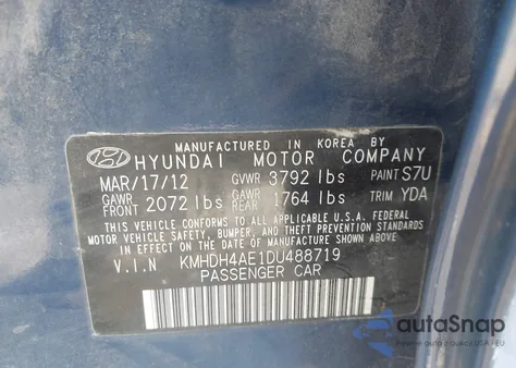 2013 Hyundai Elantra Gls из США, поврежденный, VIN KMHDH4AE1DU488719